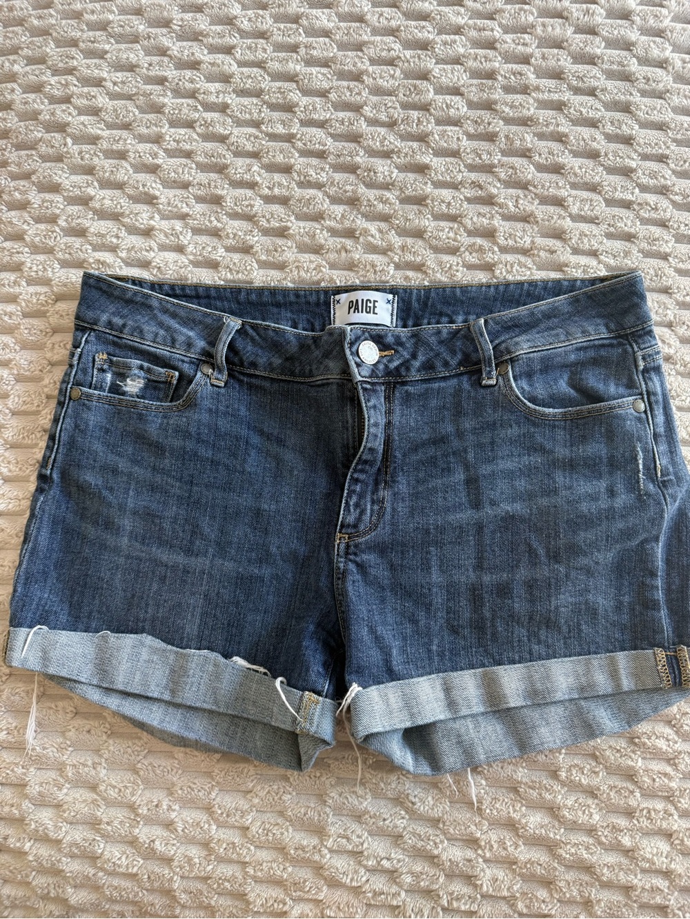 PAIGE Mid Wash Rolled Cuff Denim Shorts